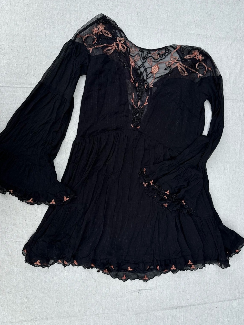 Black Long-Sleeve V-Neck Embroidered Mini Dress